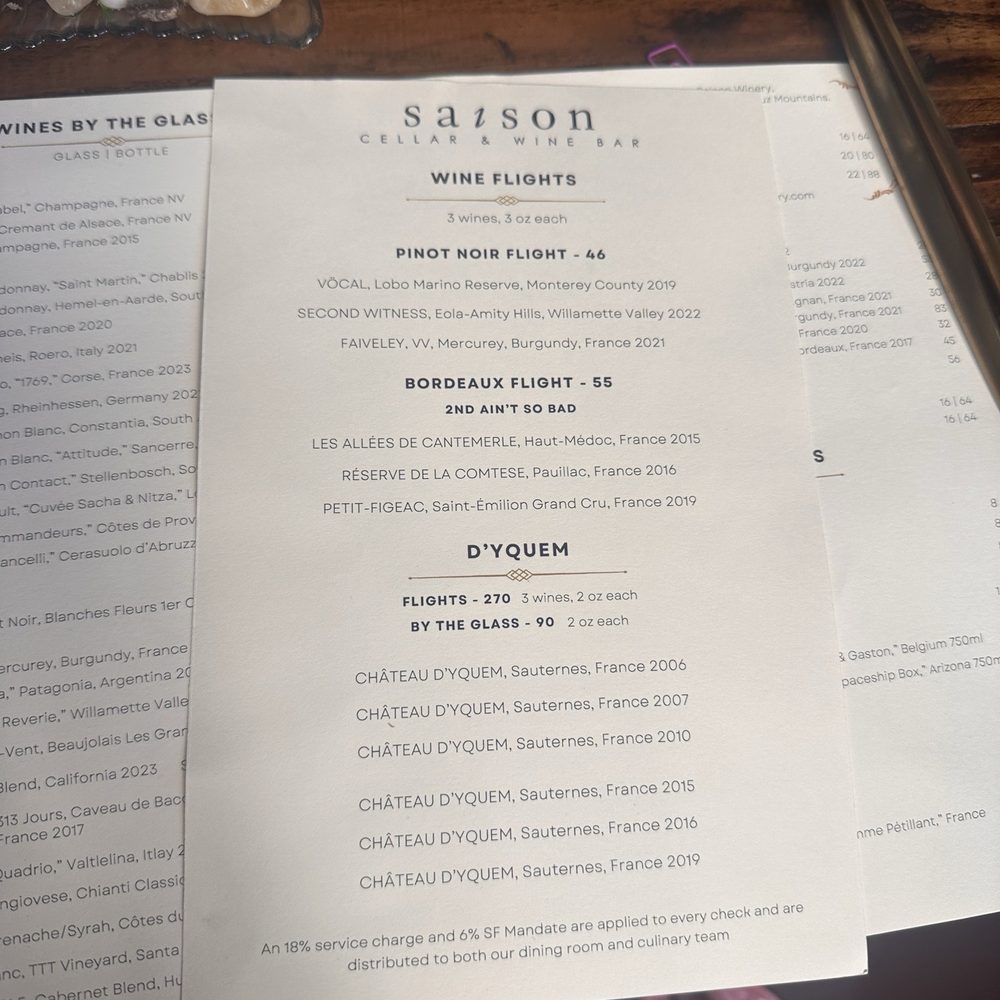 Saison - Wine flight menu - Wine Bars Near Me - San Francisco, California Saison - Wine flight menu - Wine Bars Near Me - San Francisco, California