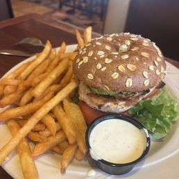 Chicken avocado burger was super fresh but kinda bland. The fries killed it though  crispy and delicious