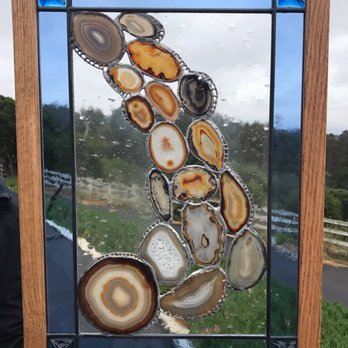 Smiths' Stained Glass - Finished piece by a Smith's student. Used slices of agate and antique cabochons in the corners. Wooden frame made by Smith's. - Glass & Mirrors Near Me - Prunedale, California