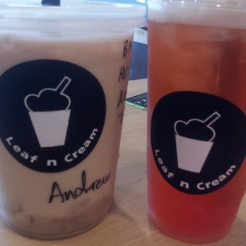Leaf N Cream - Honey vanilla caramel hazelnut black milk tea w/ taro on left & strawberry coconut pineapple green tea w/strawberry pearls right - Bubble Tea Near Me - Tustin, California Leaf N Cream - Honey vanilla caramel hazelnut black milk tea w/ taro on left & strawberry coconut pineapple green tea w/strawberry pearls right - Bubble Tea Near Me - Tustin, California