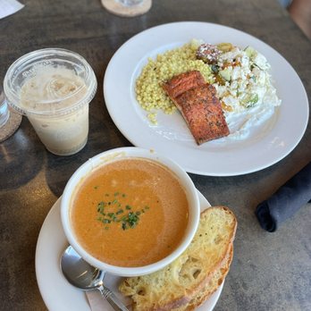 Bazille - Crab Bisque & Salmon with Mediterranean Couscous - New American Near Me - San Diego, California Bazille - Crab Bisque & Salmon with Mediterranean Couscous - New American Near Me - San Diego, California