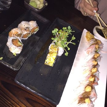 KA Sushi - Left to right: Spicy Salmon, yellow rose roll, shaggy roll. - Japanese Near Me - Houston, Texas