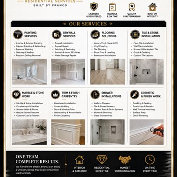 Franco Residential Services - Painting * Drywall * Flooring * Tile * Showers * Finish Carpentry * Marble & Stone * Interior & Exterior Remodeling - Drywall Installation & Repair Near Me Franco Residential Services - Painting * Drywall * Flooring * Tile * Showers * Finish Carpentry * Marble & Stone * Interior & Exterior Remodeling - Drywall Installation & Repair Near Me