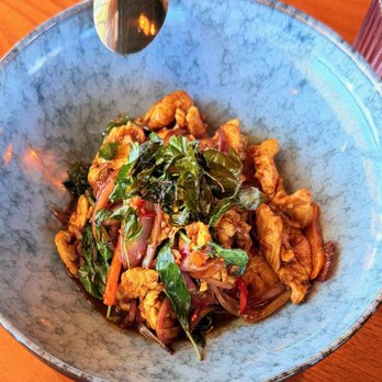 Amata Modern Thai - Pad Gra Pow (Spicy Basil) with Chicken - Thai Near Me - Las Vegas, Nevada Amata Modern Thai - Pad Gra Pow (Spicy Basil) with Chicken - Thai Near Me - Las Vegas, Nevada