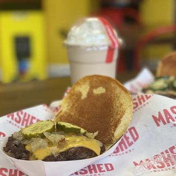 Mashed Burgers - A double, with onions and cheese. - Burgers Near Me - Cliffside Park, New Jersey