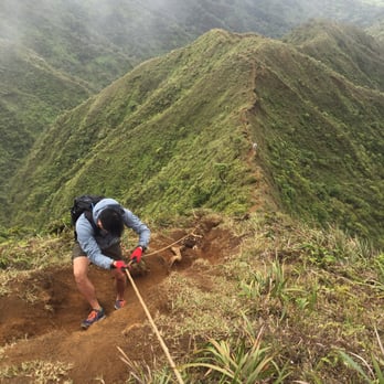 Moanalua Middle Ridge - this rope section is a lot steeper than this photo makes it seem (there's a person on the bottom for size reference) - Hiking Near Me - Honolulu, Hawaii Moanalua Middle Ridge - this rope section is a lot steeper than this photo makes it seem (there's a person on the bottom for size reference) - Hiking Near Me - Honolulu, Hawaii