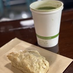 Cape Roots Market & Cafe - Almond scone and matcha tea
