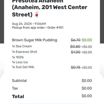 Presotea - I ordered online and the the store was closed - Bubble Tea Near Me - Anaheim, California