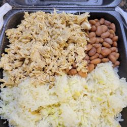 El Pollo Dorado - Rice bowl (tomatoes, shredded cheese and salsa on the side. Not very much chicken (rice underneath chicken too)