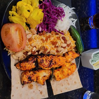 Ney Restaurant - Chicken Tika kabobs, basmati rice (best I've ever had!), roasted tomato, pickled vegetables, purple cabbage salad and slivers of onion - Mediterranean Near Me - La Mesa, California Ney Restaurant - Chicken Tika kabobs, basmati rice (best I've ever had!), roasted tomato, pickled vegetables, purple cabbage salad and slivers of onion - Mediterranean Near Me - La Mesa, California