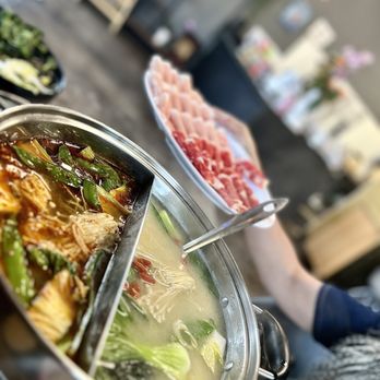 Rice Box Kitchen - Hot pot split with spicy/reg broth..beef and pork - Asian Fusion Near Me - Reno, Nevada Rice Box Kitchen - Hot pot split with spicy/reg broth..beef and pork - Asian Fusion Near Me - Reno, Nevada