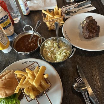Great American Steakhouse - Steak burger, side fries, beans, coleslaw, & bone in NY steak - Steakhouses Near Me - El Paso, Texas