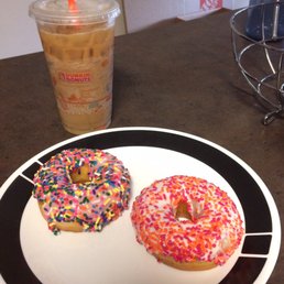 Butter pecan iced coffee, strawberry sprinkle, and vanilla sprinkle