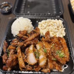 Chicken Katsu, Chicken Teriyaki, Macaroni Salad, and Rice Chicken Katsu, Chicken Teriyaki, Macaroni Salad, and Rice