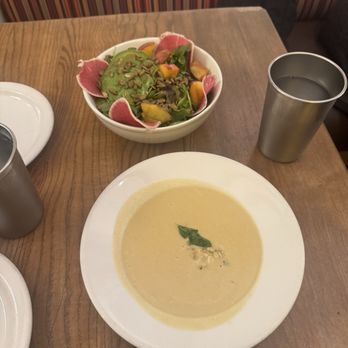 Paper Dosa - Corn soup (incredible) and peach avocado salad (the worst salad I've had in a long time) - Indian Near Me - Santa Fe, New Mexico