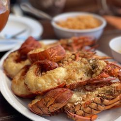 Mariscos Puerto Nuevo - 3 half lobsters for $24. This is 6 half's.