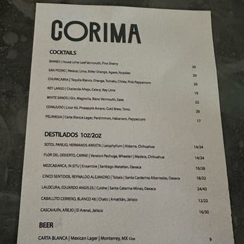 Corima - Drinks menu - Mexican Near Me - New York, New York
