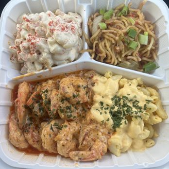 Aina Grill - Regular Spicy Garlic Shrimp, Mac Salad, Mac and Cheese, Fried Noodles Local Style - American Near Me - Waipahu, Hawaii