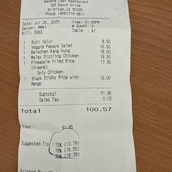 Banana Leaf Restaurant - Suggested tips before tax and not automatically adding on the check- impressive - Singaporean Near Me - Milpitas, California