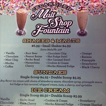 Cedar Glen Malt Shop - Menu - American Near Me - Cedar Glen, California Cedar Glen Malt Shop - Menu - American Near Me - Cedar Glen, California
