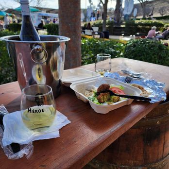 Sculpterra Winery & Sculpture Garden - Falafel plate with wine. - Wine Tasting Room Near Me - Paso Robles, California Sculpterra Winery & Sculpture Garden - Falafel plate with wine. - Wine Tasting Room Near Me - Paso Robles, California