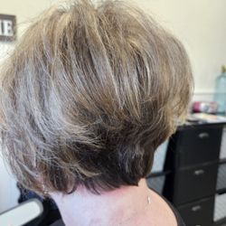 Stacked Bob with color and highlights