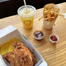 Chicken Fingers, French Fries, Spicy Pineapple Ginger Beer (from RGB)