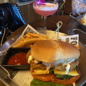 Imperial Kitchen and Bar - Soft shell crab burger Forbidden Flower Sour cocktail - Cocktail Bars Near Me - Seattle, Washington