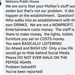 Watsons Public House - Very unprofessional! DO NOT RECOMMEND!