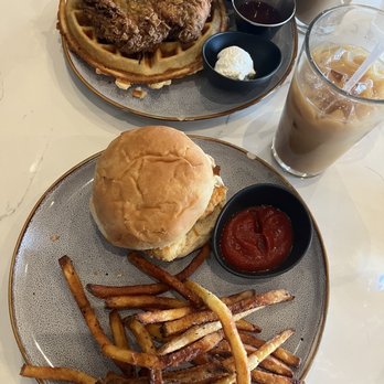 Coffee + Spice - Chicken and waffles & Shrimp sandwich with fries with French vanilla cold brew and chai latte with lavender honey syrup. - Coffee & Tea Near Me - Greenville, North Carolina