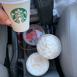 Expresso shot, mocha frap with almond milk and whip, iced coffee, and strawberry açai with black tea and light ice.