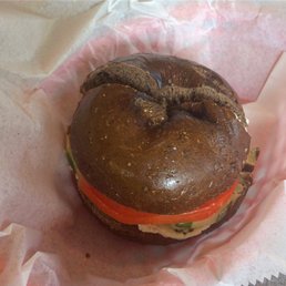 Pumpernickel with cracked pepper cashew cream cheese, tomato, and cucumber!!! So good