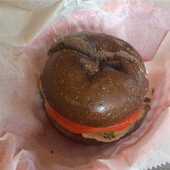 Bagel Mill - Pumpernickel with cracked pepper cashew cream cheese, tomato, and cucumber!!! So good - Bagels Near Me - Peterborough, New Hampshire