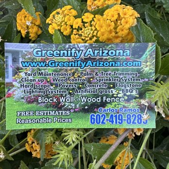 Greenify Arizona - a business card in front of yellow flowers - Landscaping Near Me