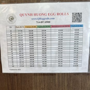 Quynh Huong - Prices as of 10/2024. Minimum order of 20 egg rolls. - Vietnamese Near Me - Westminster, California Quynh Huong - Prices as of 10/2024. Minimum order of 20 egg rolls. - Vietnamese Near Me - Westminster, California