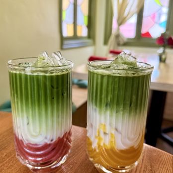 Tanzie's - Iced Strawberry Makrut Matcha (Oat Milk) and Iced Mango Matcha (Oat Milk) - Salad Near Me - Berkeley, California Tanzie's - Iced Strawberry Makrut Matcha (Oat Milk) and Iced Mango Matcha (Oat Milk) - Salad Near Me - Berkeley, California