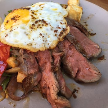 Johnston's Saltbox - Steak & Egg: Flank steak, sunny side up egg, crouton, heirloom tomato, roasted pepper, arugula, red onion, chimichurri | $18 - New American Near Me - San Carlos, California Johnston's Saltbox - Steak & Egg: Flank steak, sunny side up egg, crouton, heirloom tomato, roasted pepper, arugula, red onion, chimichurri | $18 - New American Near Me - San Carlos, California
