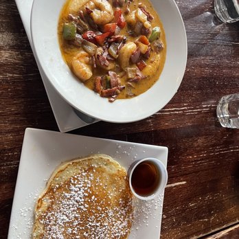 Teavolve - Shrimp and grits with one buttermilk pancake - Coffee & Tea Near Me - Baltimore, Maryland