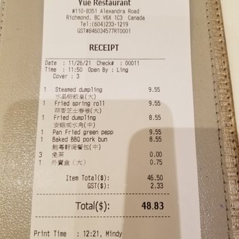 Yue Restaurant - Dim sum prices including tea - Seafood Near Me - Richmond, British Columbia