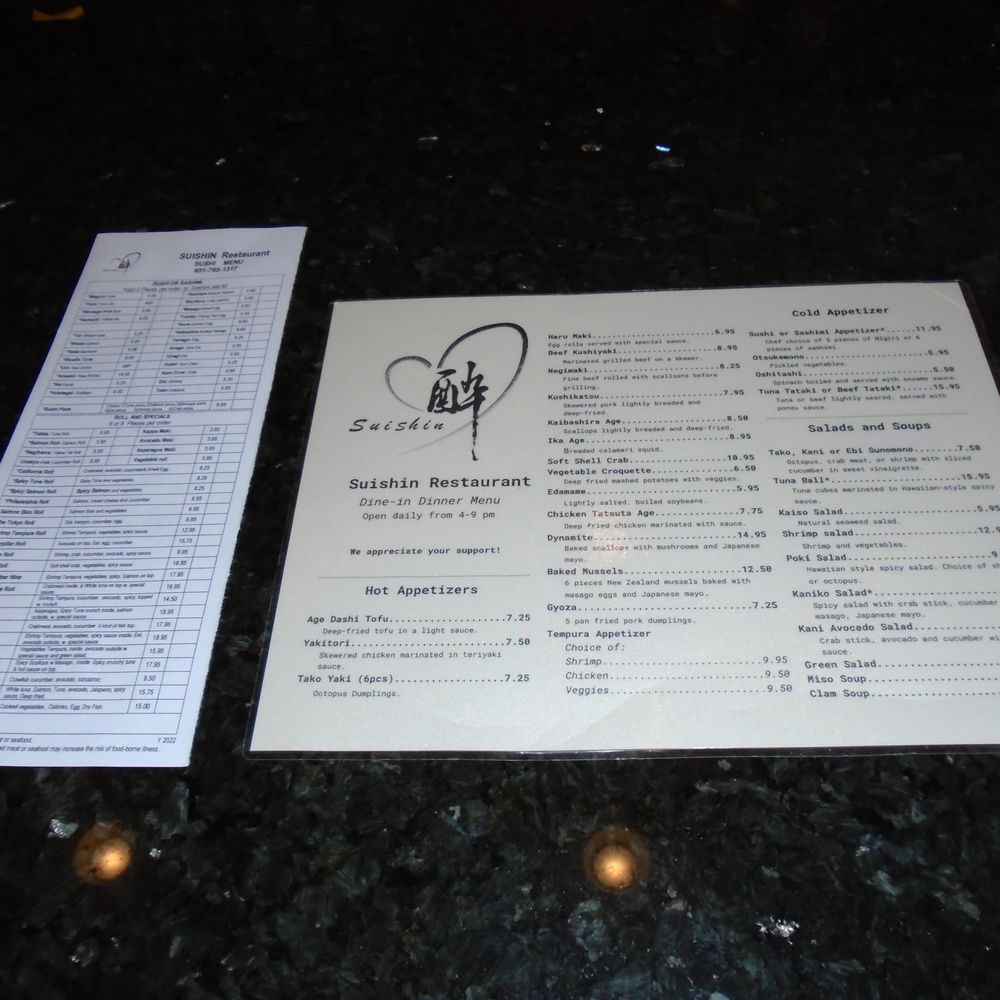 Suishin - Two menus, sushi menu on the left. - Japanese Near Me - North Oaks, Minnesota