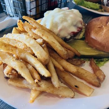 Tracks - Fries and pickle, and notice the mozzarella cheese on my burger : ) - Burgers Near Me - Cary, Illinois