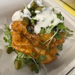Crispy Buffalo oyster mushroom sandwich
