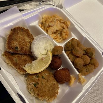 Page's Okra Grill - Crab cakes with Mac and cheese and fried okra and 2 hush puppies. - Food Trucks Near Me - Moncks Corner, South Carolina