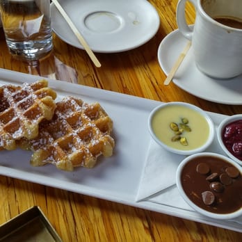 Chambar - Waffles with dark chocolate, white chocolate & pistaccio and dried berry toppings - Belgian Near Me - Vancouver, British Columbia