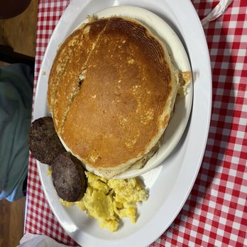 Country Kitchen - Breakfast sampler, hot cakes, scrambled eggs, sausage. - American Near Me - Kingston, Oklahoma