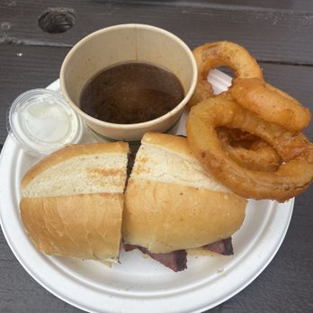 Cold Spring Tavern - Tri-tip french dip with onion rings. - American Near Me - Santa Barbara, California Cold Spring Tavern - Tri-tip french dip with onion rings. - American Near Me - Santa Barbara, California