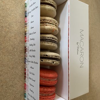 Macaron By Patisse - Left to right: Ferraro, fruity pebbles, 2 cookies and cream and 2 strawberry. (My half dozen) - Gelato Near Me - The Woodlands, Texas Macaron By Patisse - Left to right: Ferraro, fruity pebbles, 2 cookies and cream and 2 strawberry. (My half dozen) - Gelato Near Me - The Woodlands, Texas