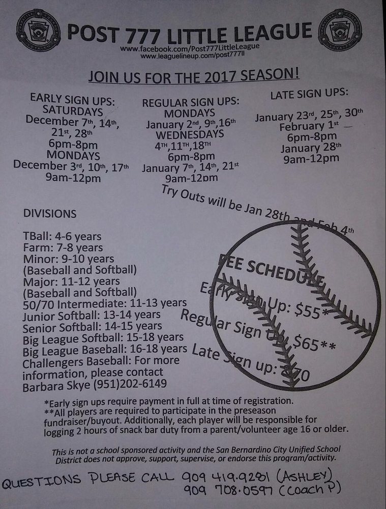 POST 777 LITTLE LEAGUE Updated October 2024 3311 N Roberds, San