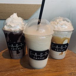 Cookies & Cream blended, Piña Colada smoothie, and Cafe Caramel blended