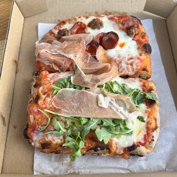 Sugo - Prosciutto Slice (bottom) Carnivora Slice (top) - Pizza Near Me - Costa Mesa, California